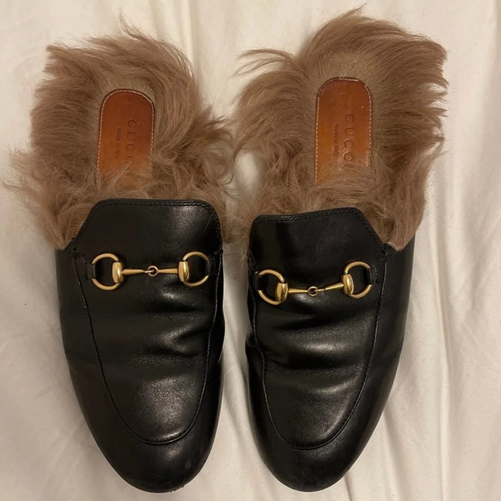 Black Gucci Leather Fur mules